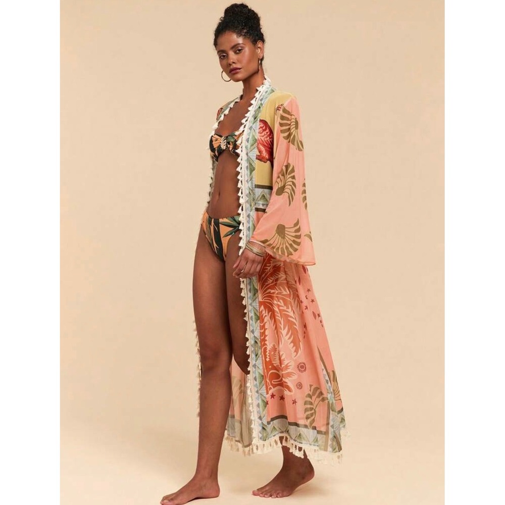 Tropical Parrot Mesh Tassel Trim Long Duster‎ Kimono Cover Up Peach Large
